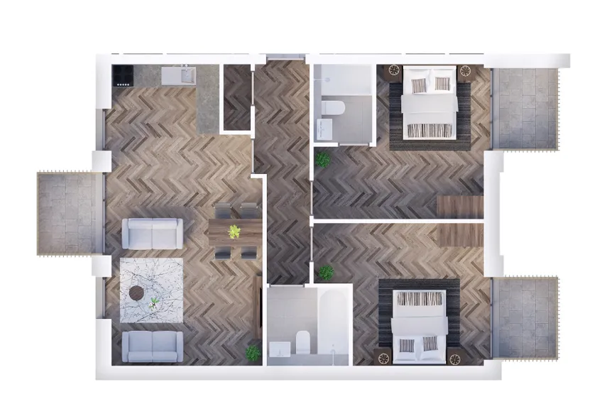 The Hive dollhouse style floorplan shot showing 2-bed apartment