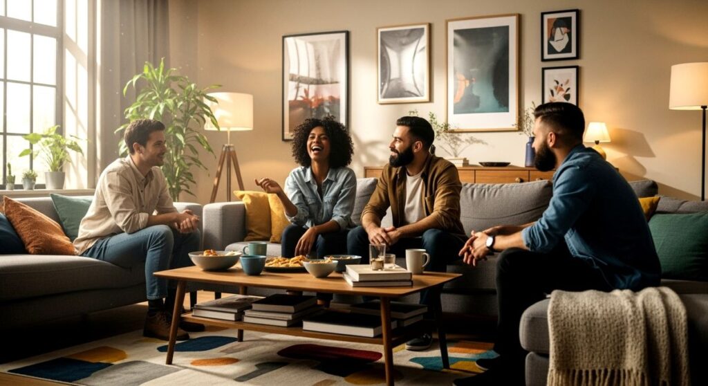people gathered in a living room of a co living space