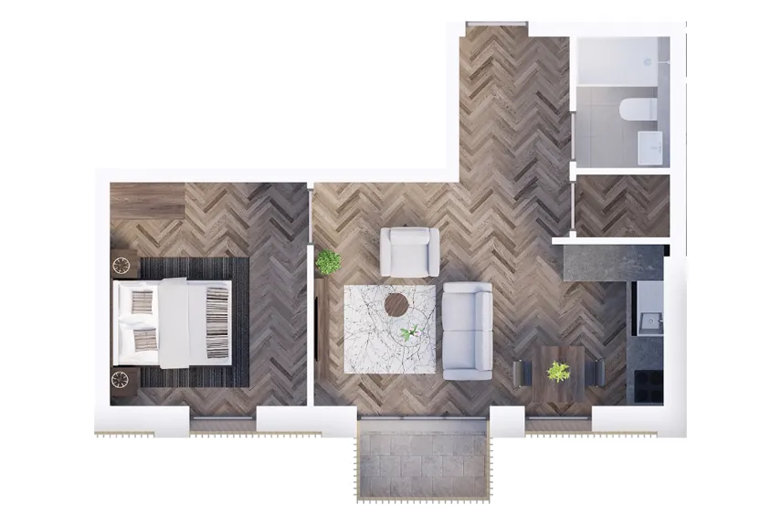 Dollhouse Floorplan shot of The Hive Luton 1-bed apartment
