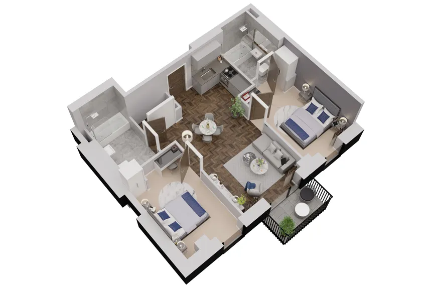West One dollhouse floorplans image showing 2-bed apartment