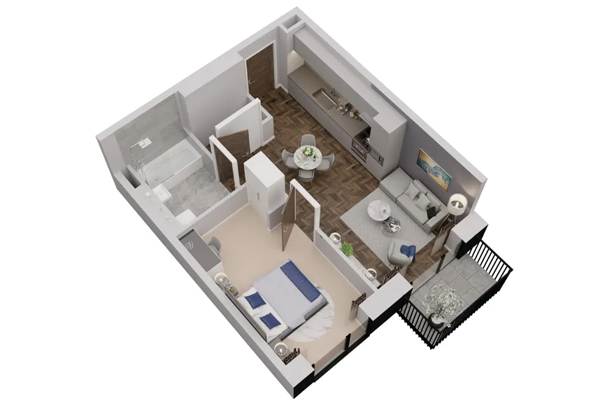 West One Dollhouse Floorplan Image showing 1-bed apartment