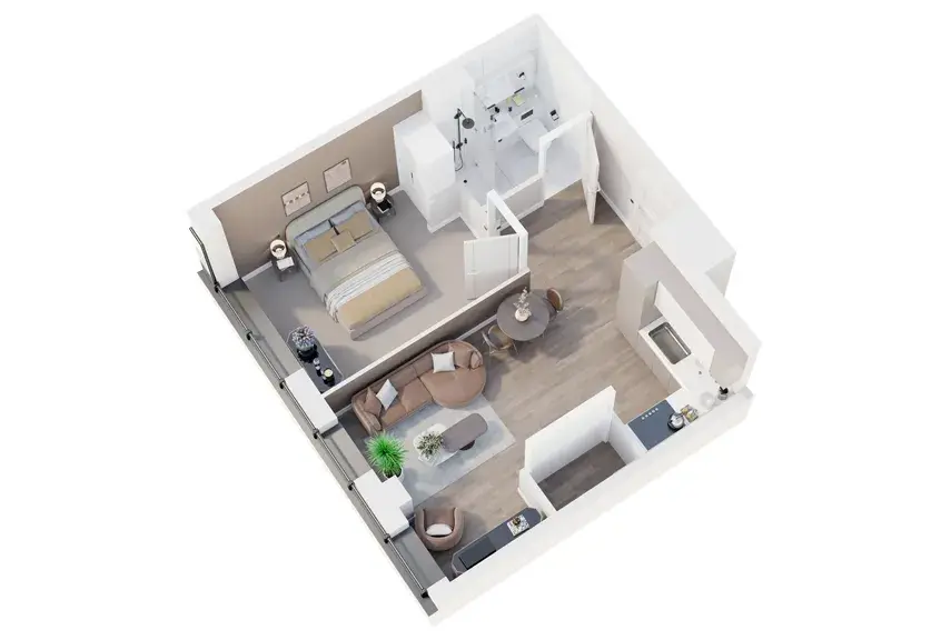 Dollhouse floorplan showing 1-bed apartment in Horizon Manchester