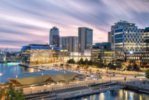 Manchester Salford Quays at night