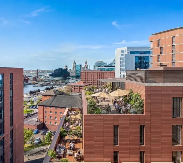 Exterior CGI of the Mill Liverpool showing blue sky background and waterfront