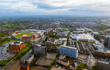 Aerial view of Manchester's Old Trafford area