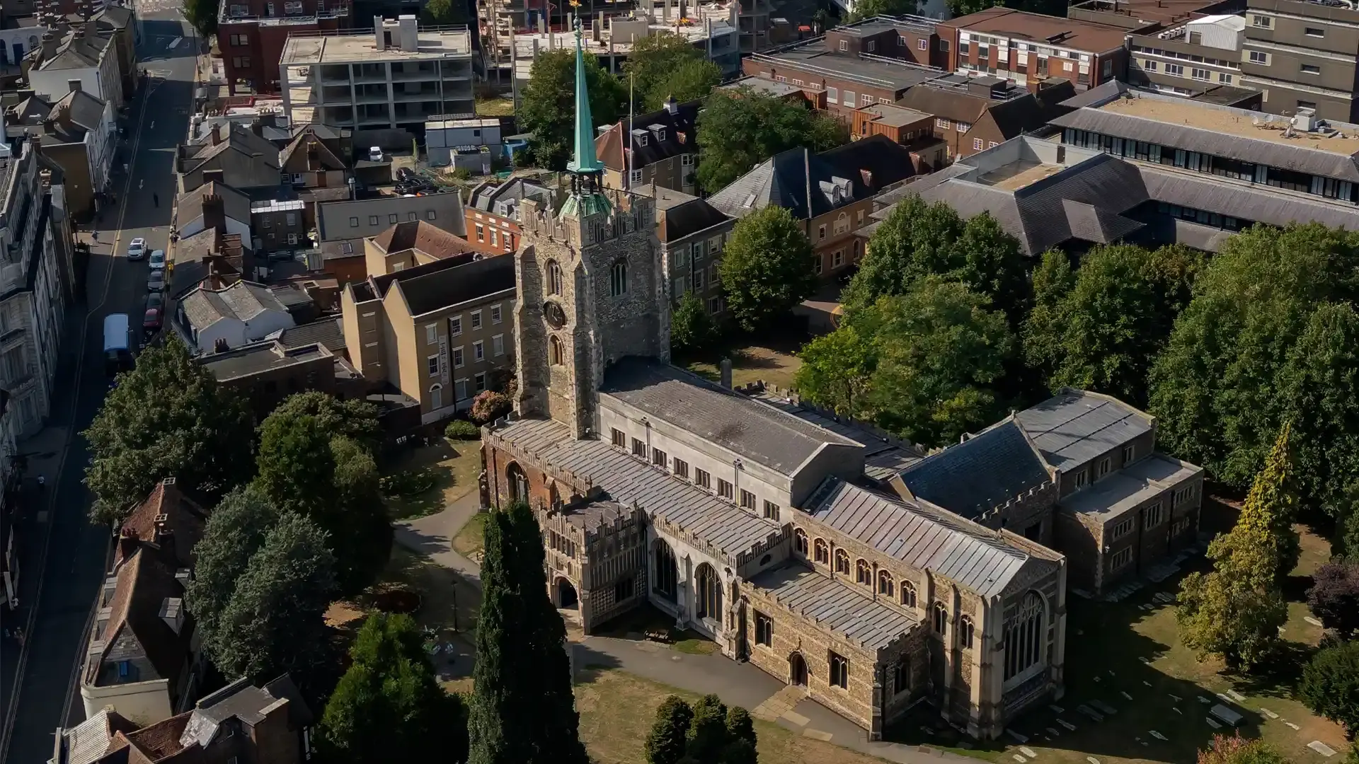 Aerial view of Chelmsford UK showing houses and a church