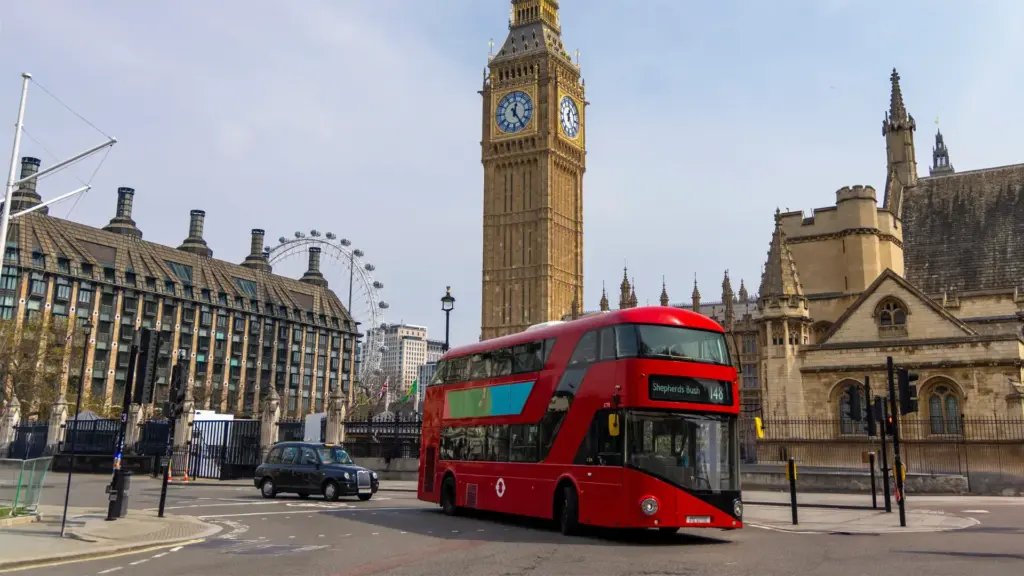 London scene with Big Ben and classic red London bus