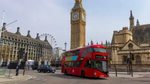 London scene with Big Ben and classic red London bus