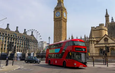 London scene with Big Ben and classic red London bus