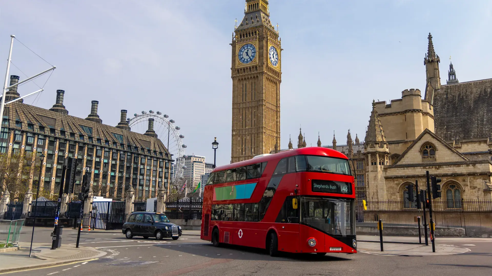 London scene with Big Ben and classic red London bus