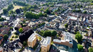 Aerial view of Luton UK showing houses and buildings