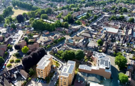 Aerial view of Luton UK showing houses and buildings