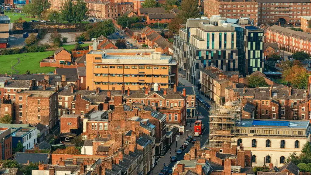 Liverpool aerial view of city centre buildings