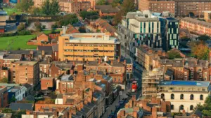 Liverpool aerial view of city centre buildings