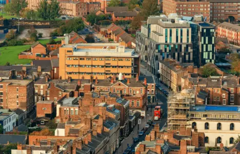 Liverpool aerial view of city centre buildings