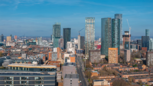 Manchester skyline with buildings and blue skies