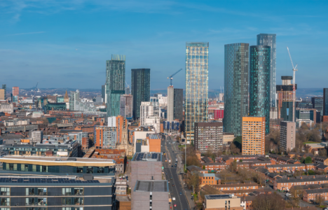 Manchester skyline with buildings and blue skies