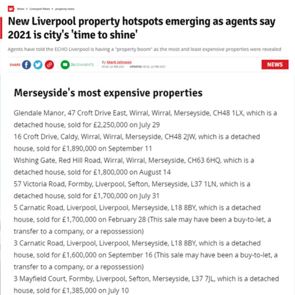 Screenshot of Echo article 'Lew Liverpool property hotspots emerging as agents say 2021 is city's time to shine'